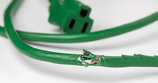 Electrical extension cord wiring damage from mice.
